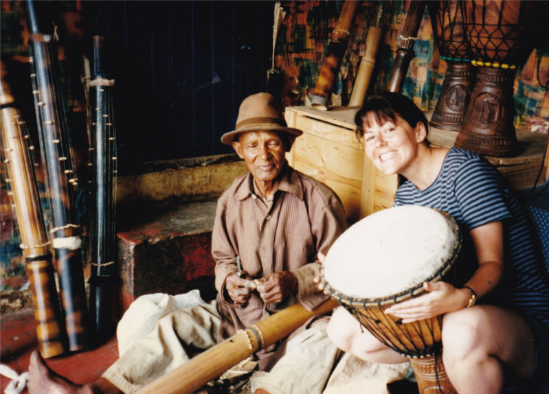 Linette Tobin buying first drum, Madagascar, 1997.